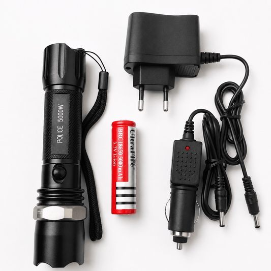 Lanternă LED tactică POLICE 5000W Black Airsoft set cu încărcător auto