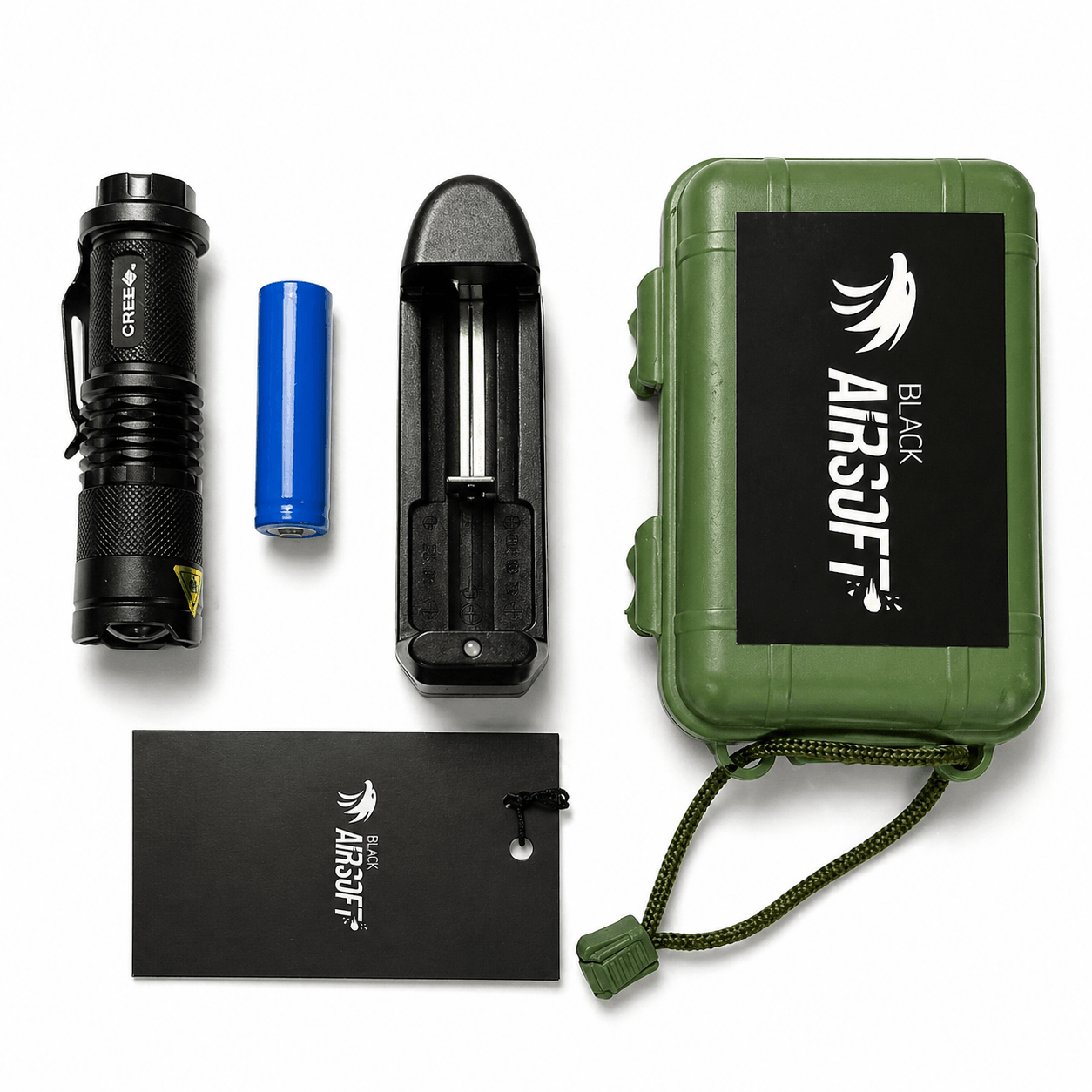 Mini svítilna Black Airsoft CREE s dobíjecí baterií a nabíječkou