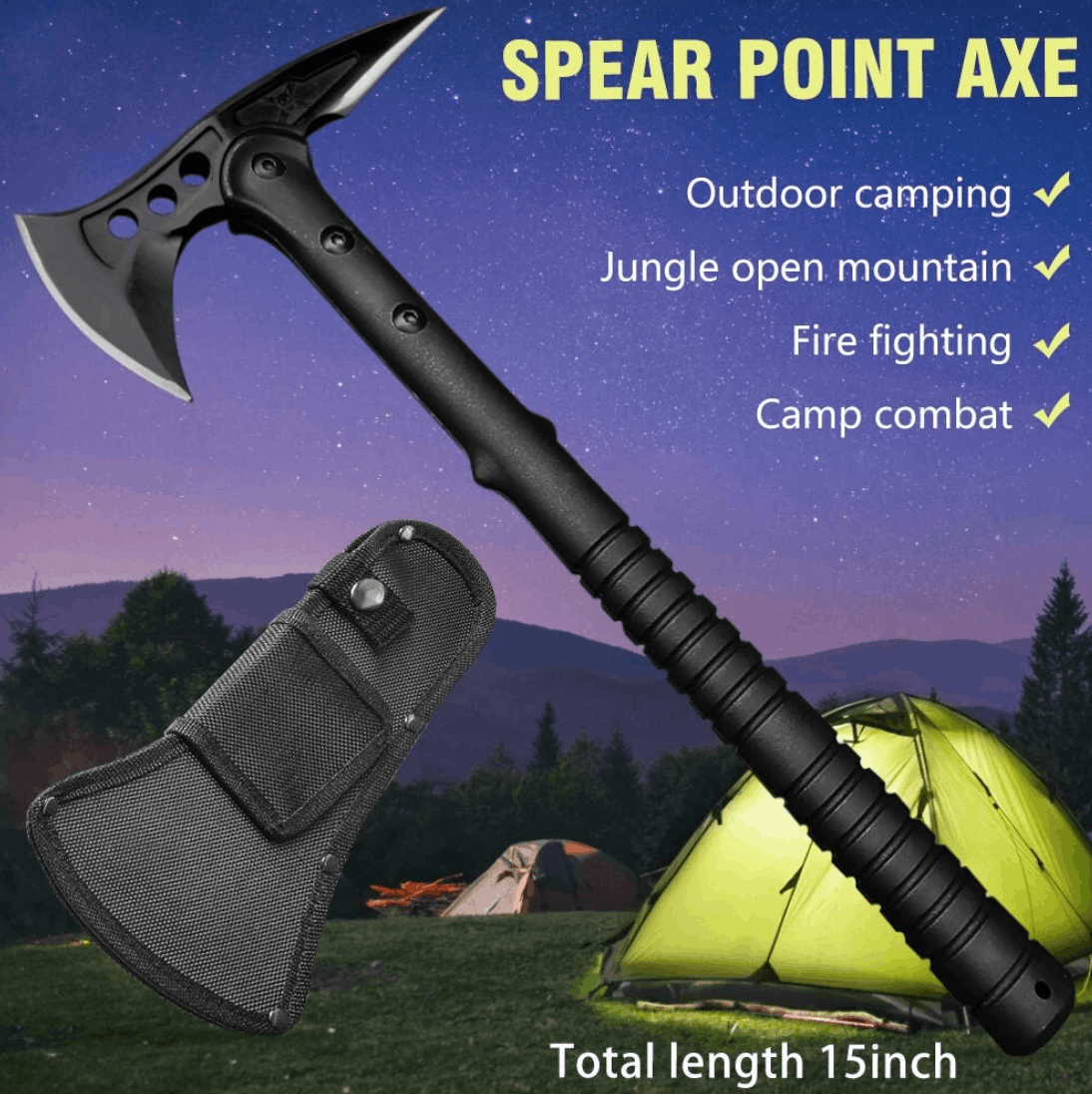 Topor tactic de camping Spear Point Axe 15 Inch cu husă